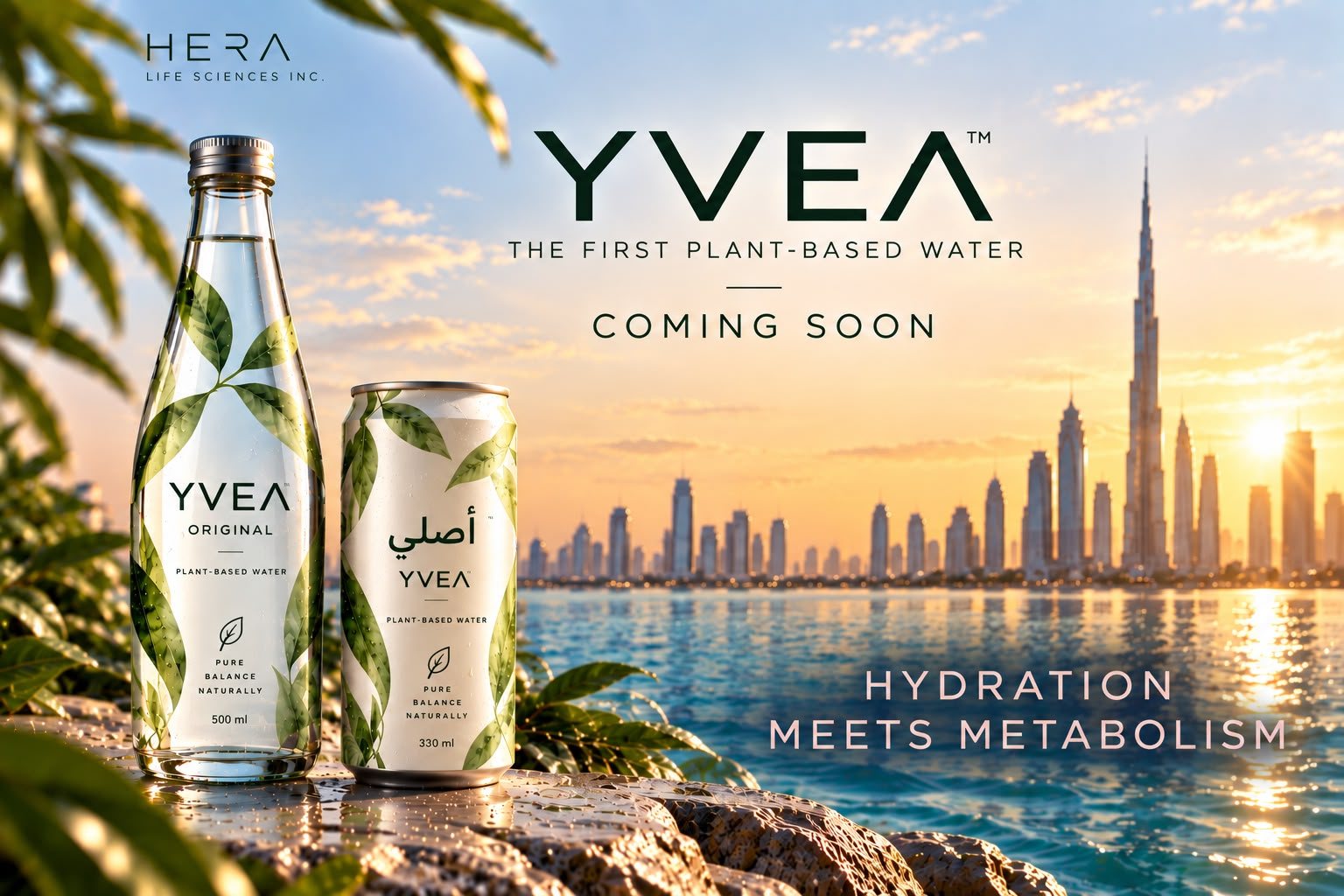 YVEA plant-based water, 500 ml glass bottle and 330 ml can, in front of the Dubai skyline at sunset. Coming soon. Hydration meets metabolism.